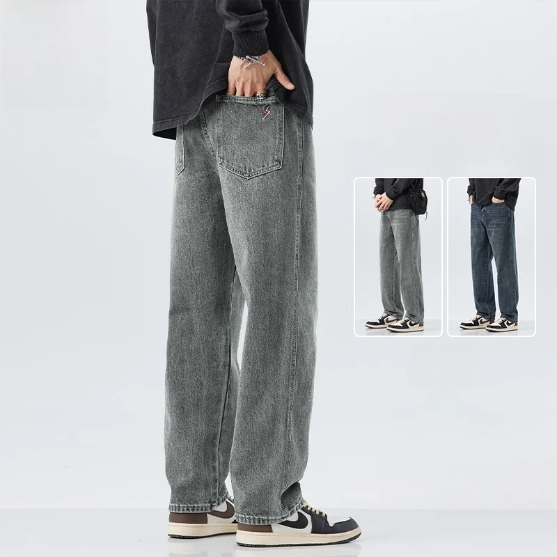 

Мужские джинсы с начесом, свободного кроя, прямые штанины, в стиле High Street, повседневные, из хлопкового денима, осенне-зимняя новинка