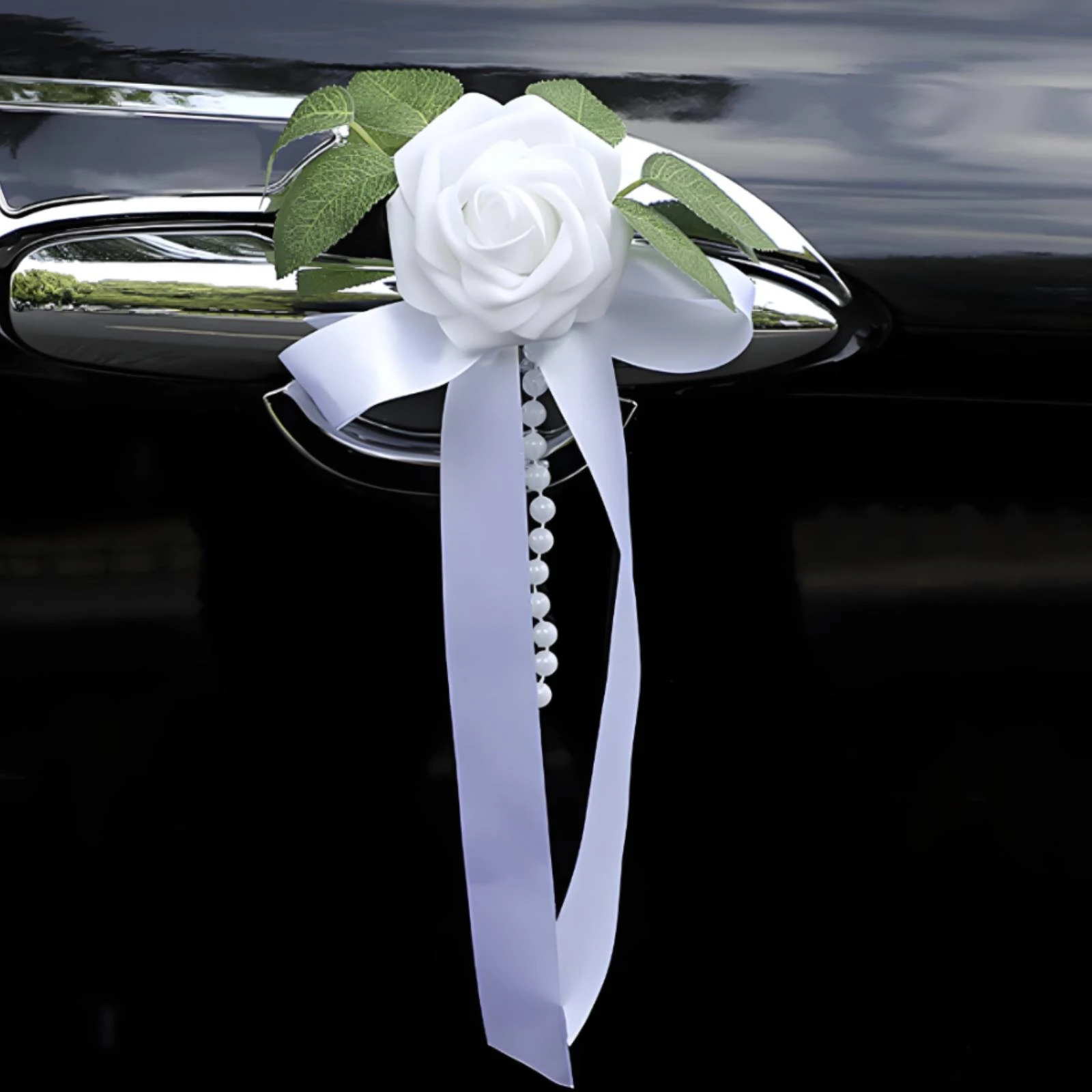 Car Mirror Flower with Pearls Vivid Wedding Car Flower with Ribbon Artificial Rose with Streamers Elegant Romantic for Brides