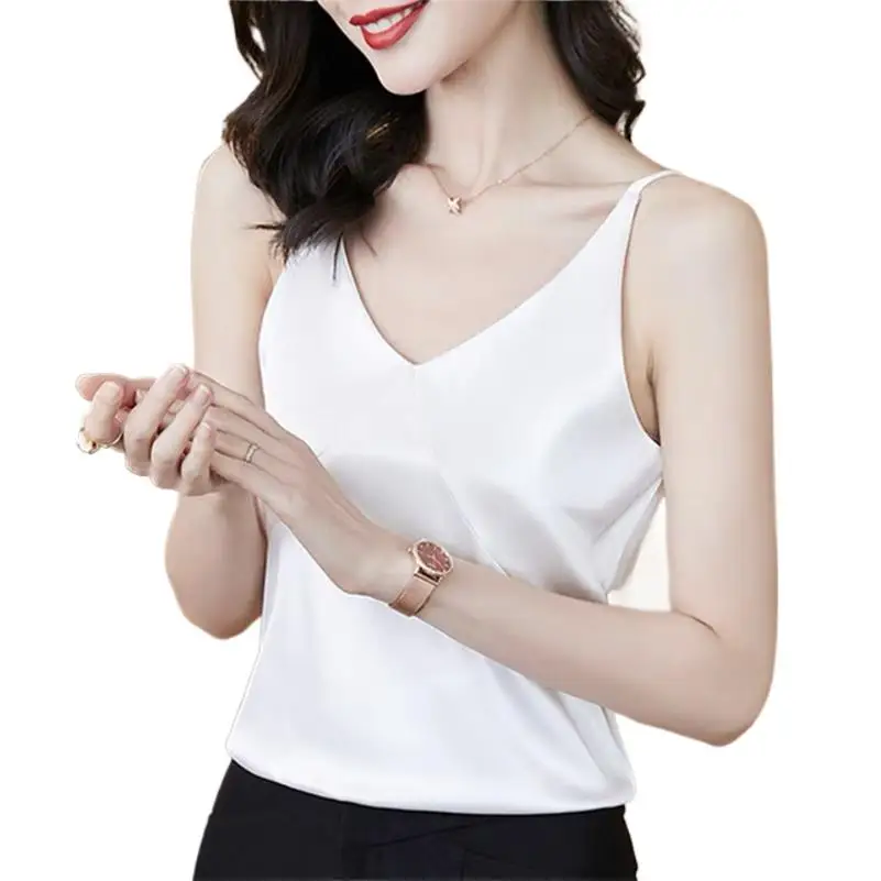 

Women V-Neck Patchwork Spaghetti Straps Top Summer Solid Satin Elegant Loose Shirt 2024 Sleeveless Camis Bottoming Tops Blouse