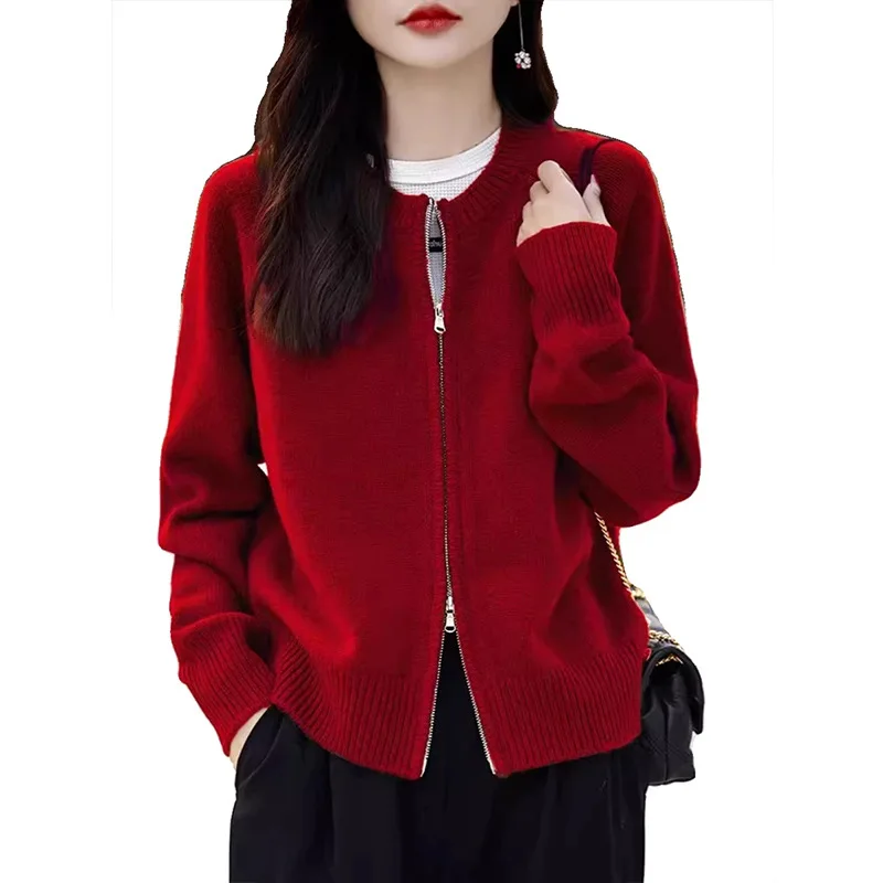 

Весенне-осенний женский свитер, кардиган, пальто, новый однотонный вязаный свитер с круглым вырезом и длинными рукавами на молнии, женские топы, верхняя одежда