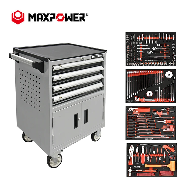 MAXPOWER 210pcs 4-Drawer Height Adjustable Tool Storage Organizer Garage Workshop Tool Set