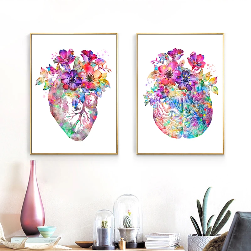 Watercolor Flowers Heart Lung Liver Human Organ Anatomy Poster and Print making Modern Abstract Art Medicine Posters Wall Decor