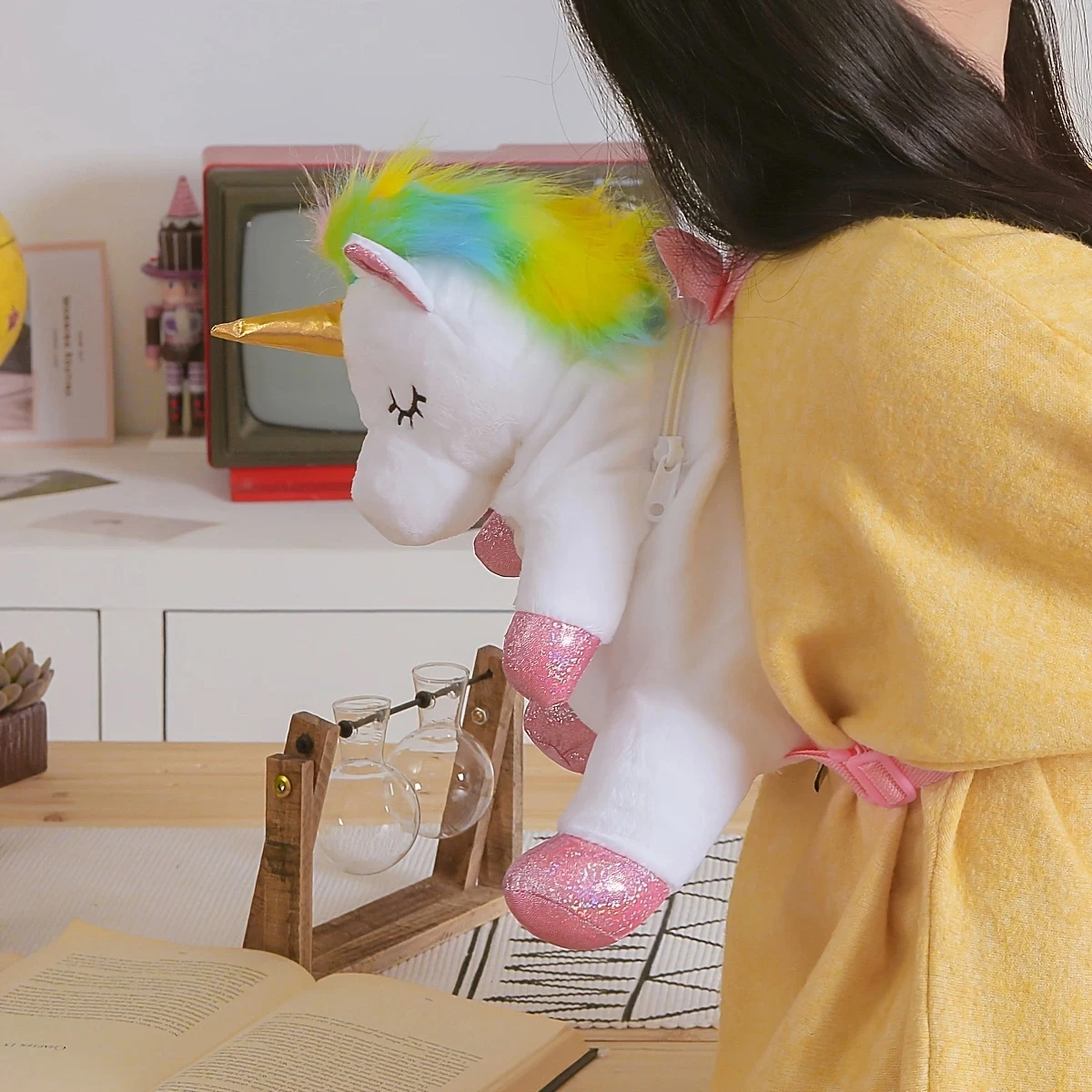 حقيبة ظهر لطيفة للأطفال على شكل وحيد القرن، حقيبة ظهر من القطيفة للأطفال من Dream Teen Heart Unicorn هدية عيد ميلاد ديكور منزلي مبتكر