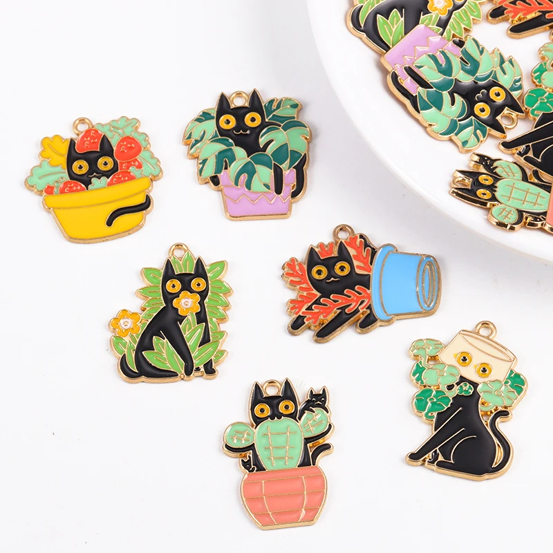 

10Pcs/Set Creative Alloy Enamel Potted Cat Charms Cute Cartoon Kitty Pendants For DIY Necklace Keychain Jewelry Making Supplies
