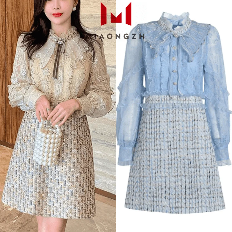 

Fashion Vintage For Women Dress Turn Down Collar Long Sleeve Temperament Tweed Patchwork Lace High Waist Print Evening Dresses