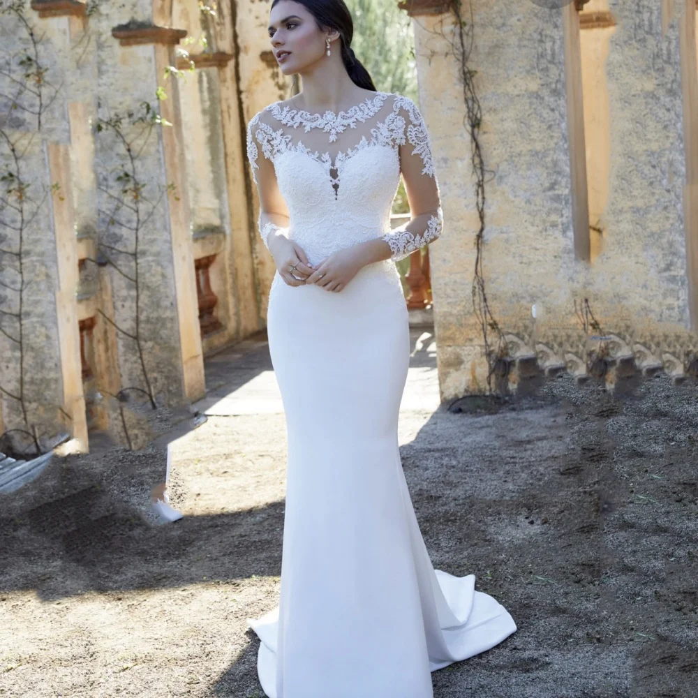 Elegant Mermaid Wedding Dresses Classic O Neck Lace Bridal Dress Long Sleeves Satin Bridal Gowns New Vestidos De Novia