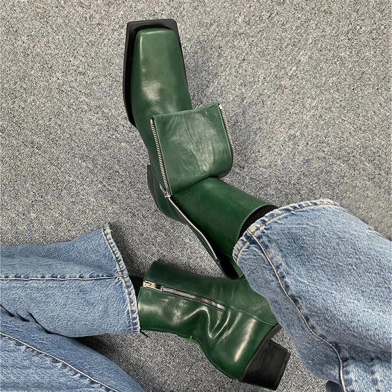 Ladies Retro Green Square Toe Boots Women Roman Luxury Chunky High Heel Knight Boots Ladies Autumn Female Dress Casual Shoes