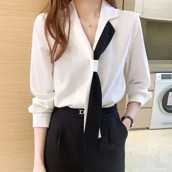 Women Spring Autumn Style Blouses Shirts Lady Casual Long Sleeve Notched Collar Bow Tie decor Blusas Tops