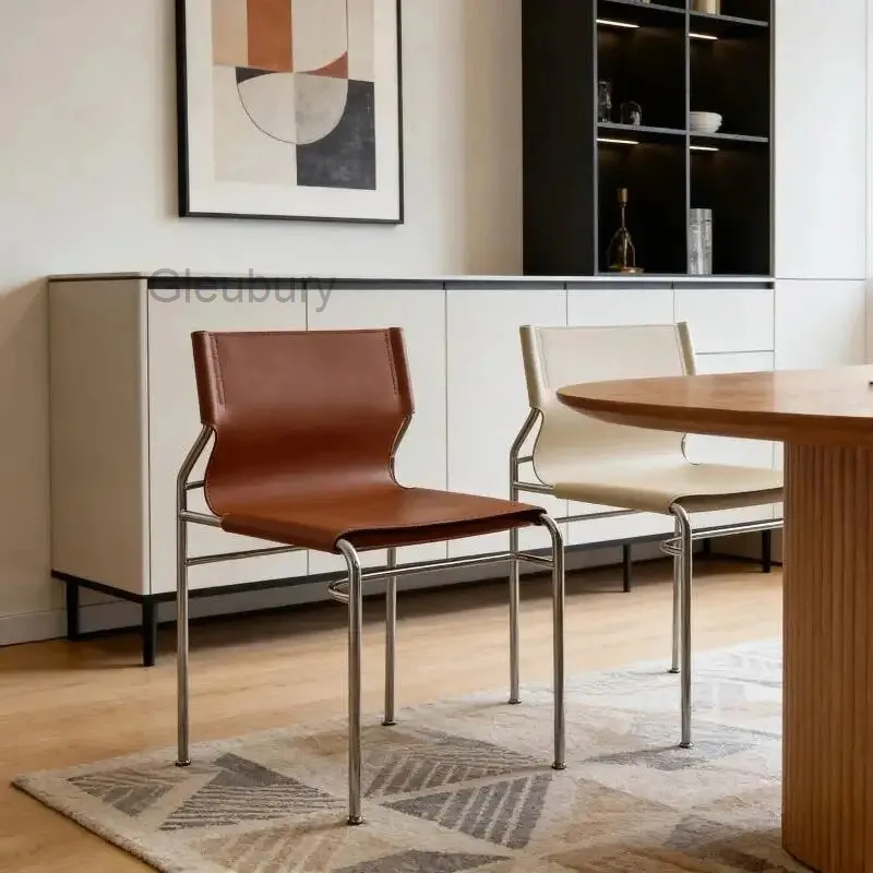 Modern Retro Dining Chair with Leather Upholstery & Chrome Metal Frame Accent Chair for Dining Room Living Room Home Furniture