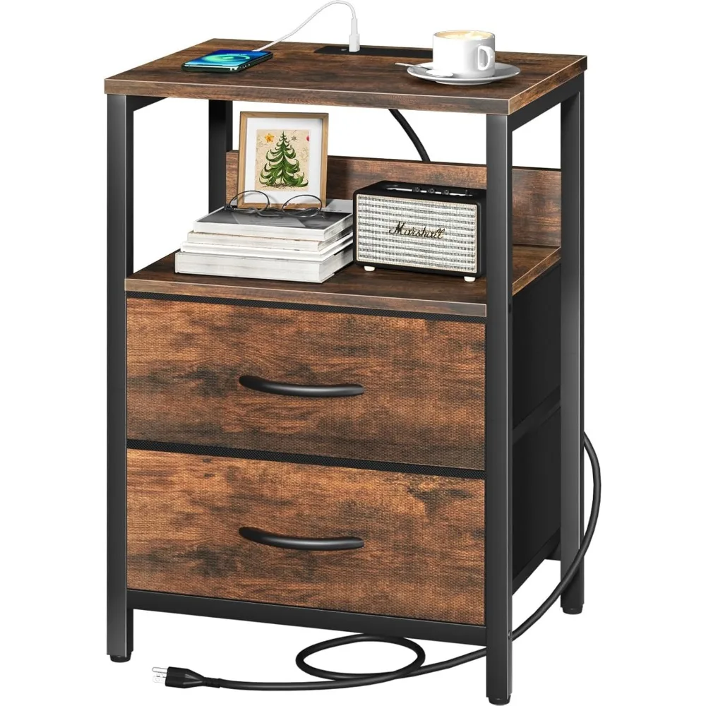 

Компактная прикроватная тумбочка с зарядной станцией, тканевым ящиком для хранения и полкой для небольших спален