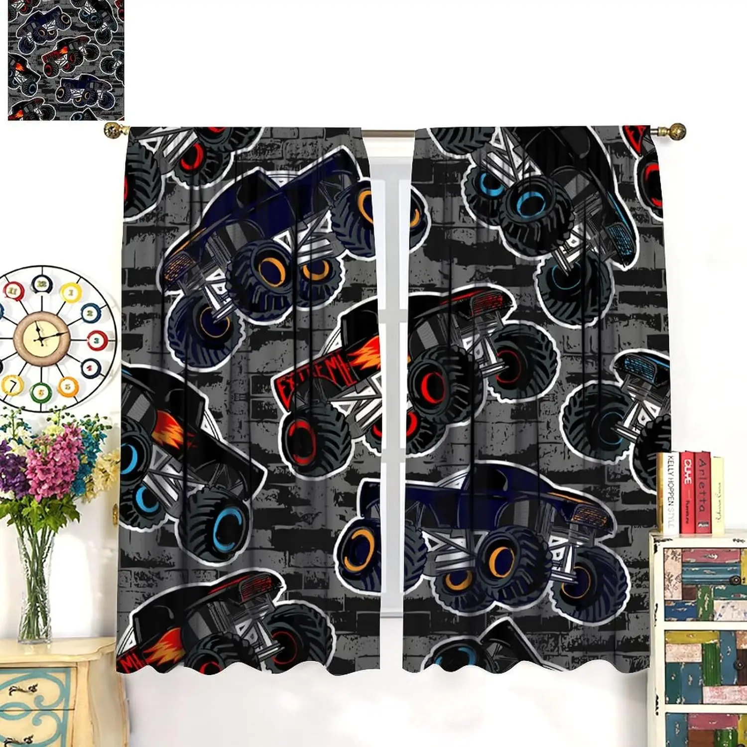 Monster Truck Curtains, Cartoon Truck Car Pattern On Grunge Shape Cracked Background, Spray Paint Texture Boys Style Print