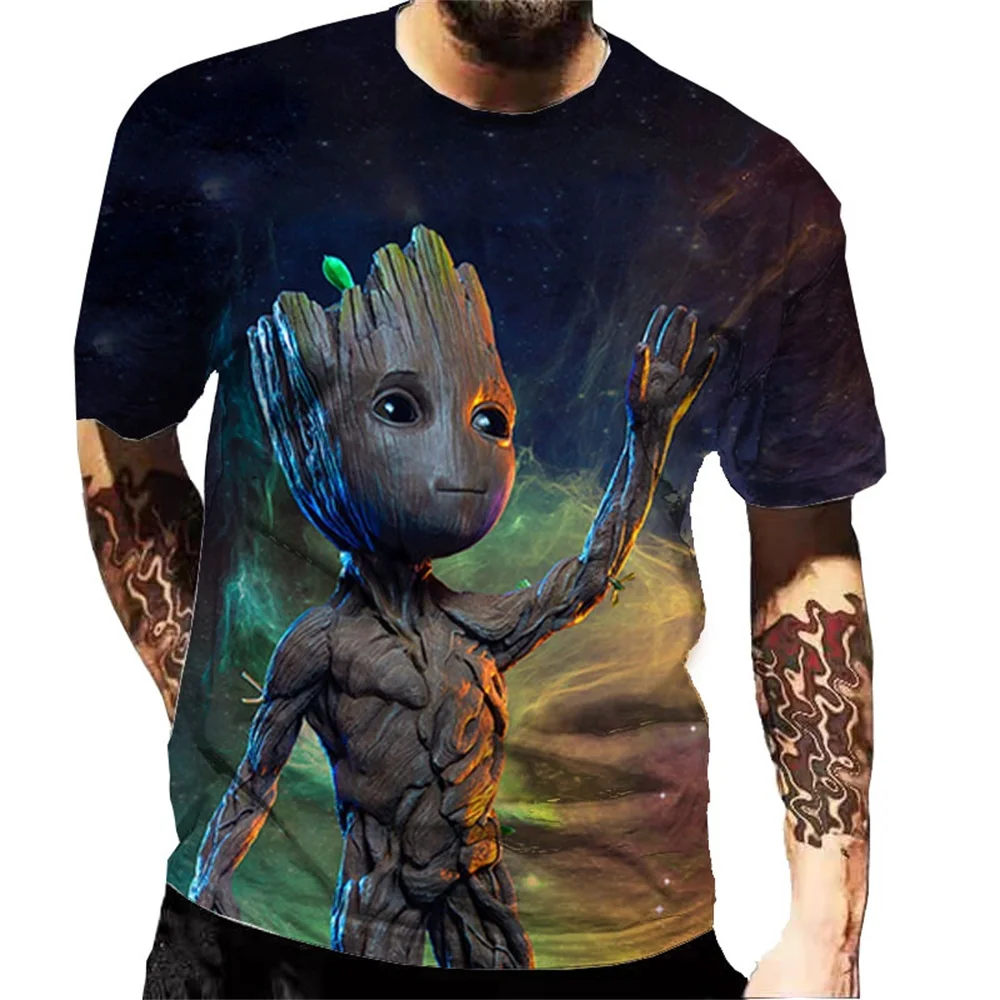 Camiseta de Disney Galaxy Guardians animación de dibujos animados DJ Groot impresión 3D tendencia callejera hombres y mujeres moda fresca mangas cortas