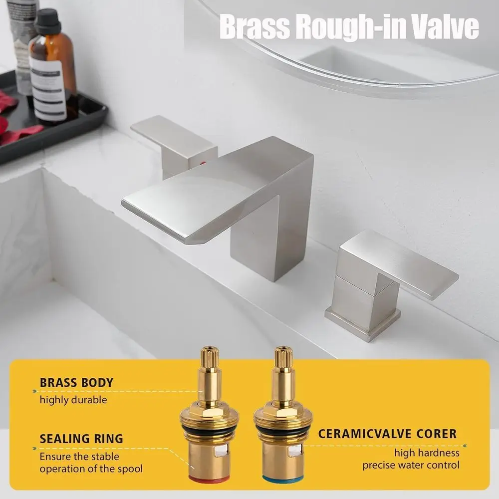 8 صنابير حوض حمام مربعة الشكل ذات 3 فتحات مع مقبضين وصرف منبثق من النيكل المصقول