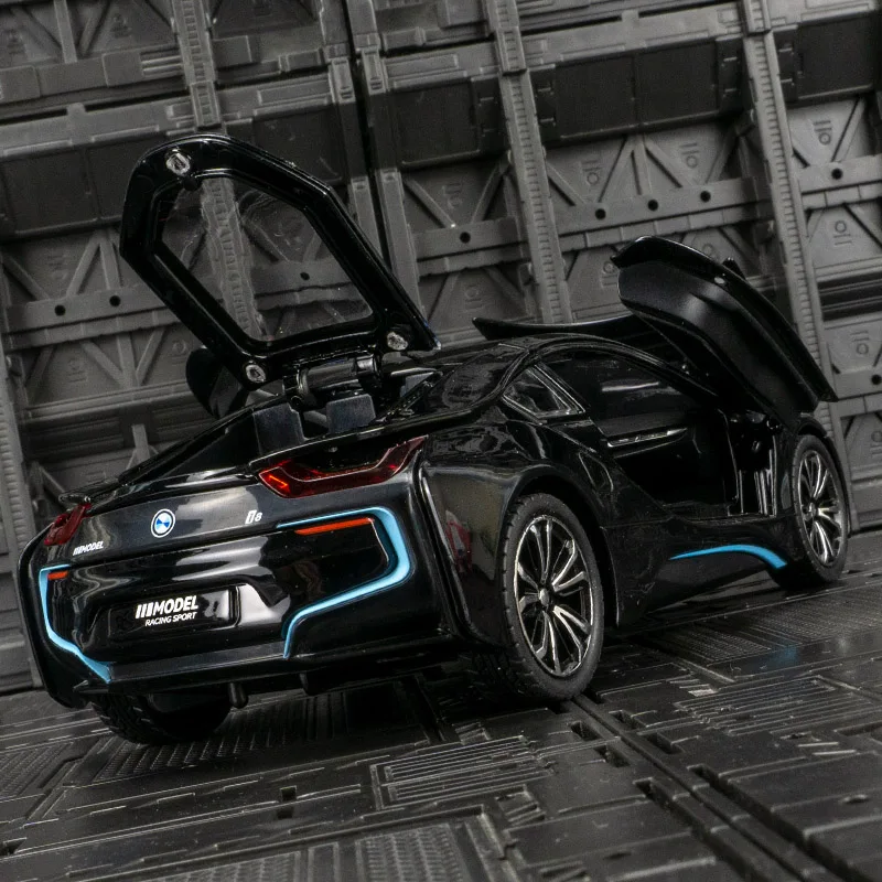 Scala 1/22 BMW I8 modello di auto sportiva luce sonora pressofusi congiunti giocattoli veicoli bambini auto regalo Voiture decorazioni per la casa in miniatura