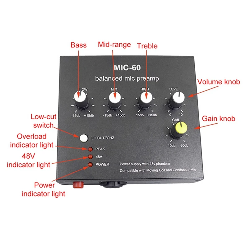 MIC-60 3-Band Equalizer Balanced Mic Preamp Microphone Preamplifier With DC Cable And Cable