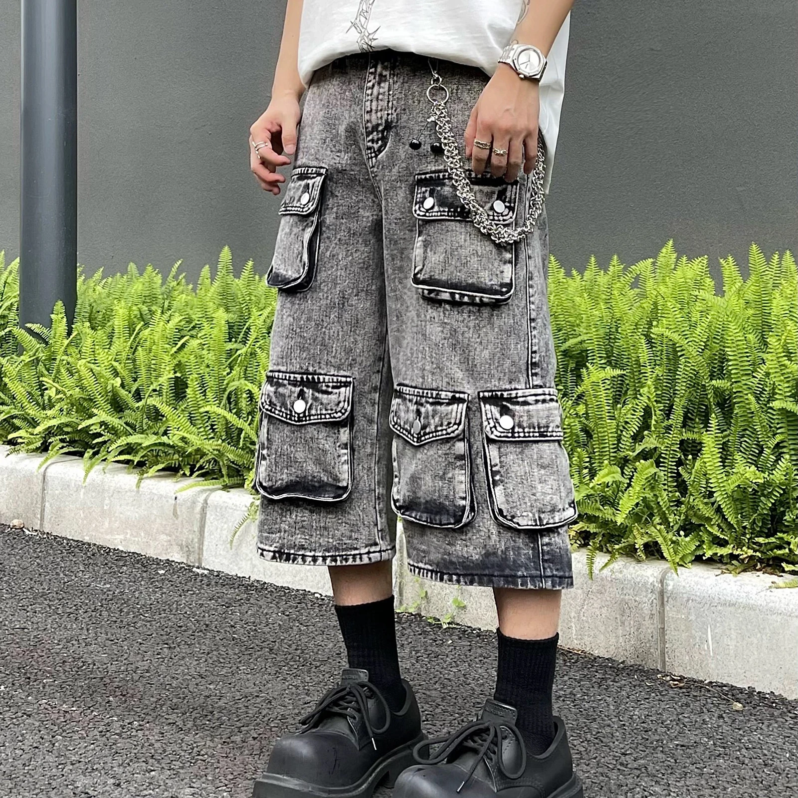 

Винтажные вареные мешковатые джинсовые шорты с передними карманами для мужчин и женщин, прямые повседневные брюки-карго, джинсовые брюки-оверсайз