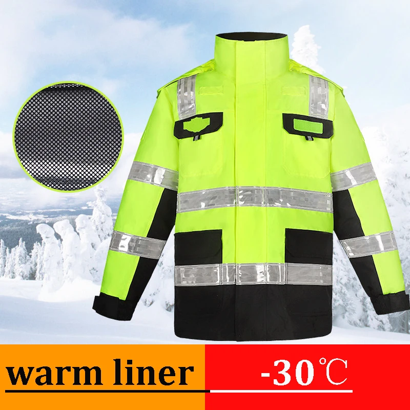 High Visibility Reflective Waterproof Windproof Coldproof Safety Jacket Detachable Hat and Cotton Liner Construction Workwear