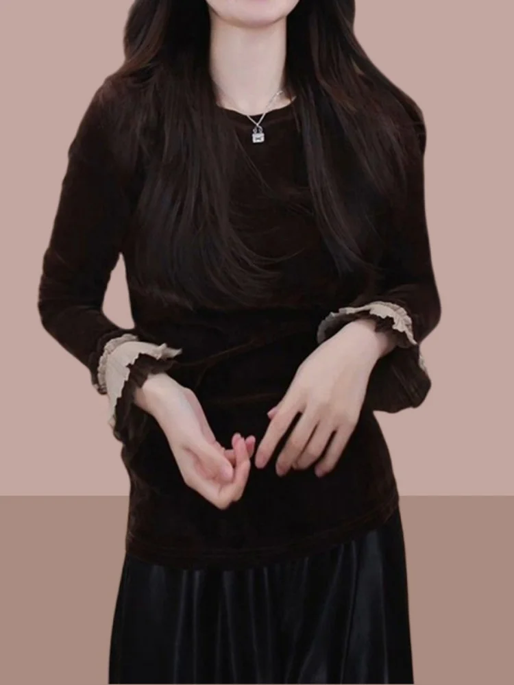 Coreano Sle Lace Bell Sve Patchwork Bla Velvet mujer irt Faionable otoño capa Base Top Commute Friendly