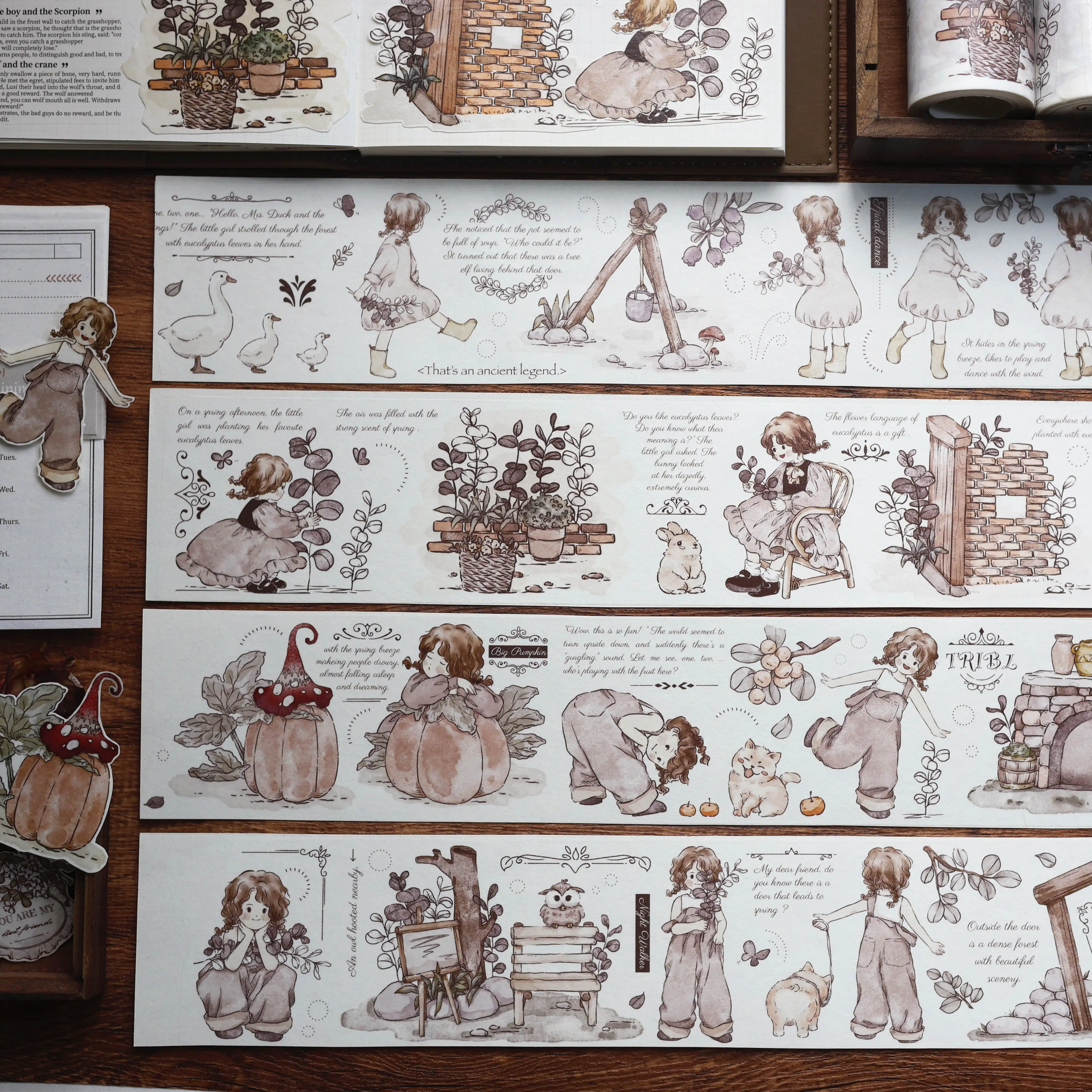 Little Cute Girl In Small Town Vintage Picture Book Style Figure Washi Masking PET Tape Roll