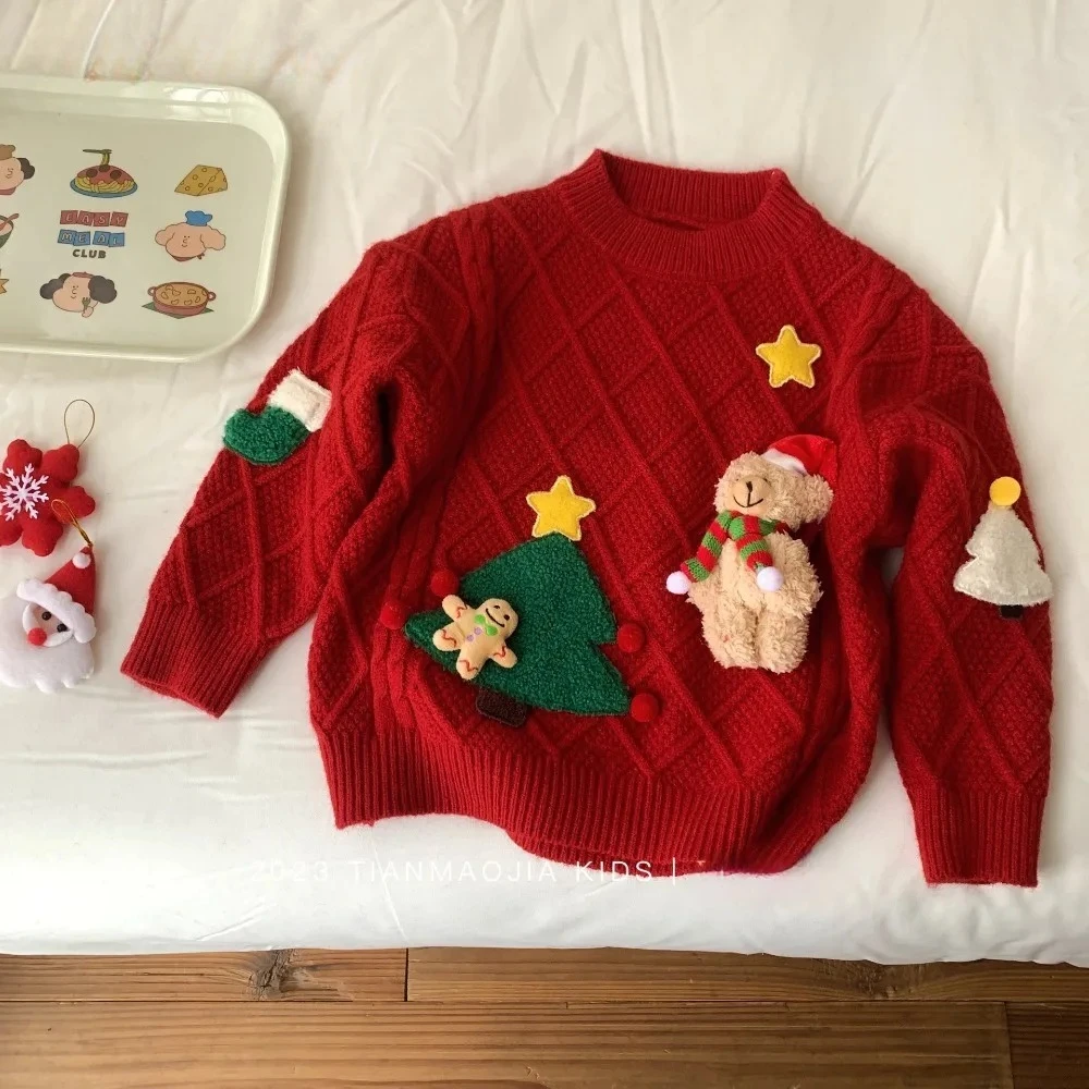 

Red Christmas and New Year's Children's Long Sleeved Sweater Cartoon Bear Decoration Girls' Top Warm Autumn and Winter