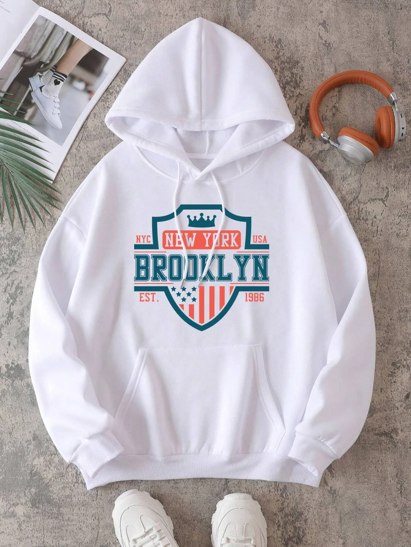 Brooklyn New York Usahoodie Women Letter Printed Sweatshirts Loose Fleece Warm Pocket Pullover Winter Comfortable Woman Clothes