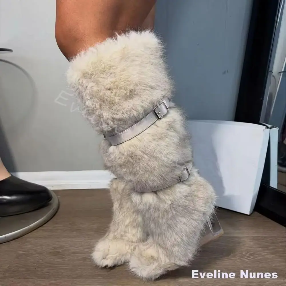 Crystal Wedge Heel Fur Boots Women Round Toe Belt Buckle Slip On Height-Increasing Knee High Boots New Apricot Plush Warm Boots