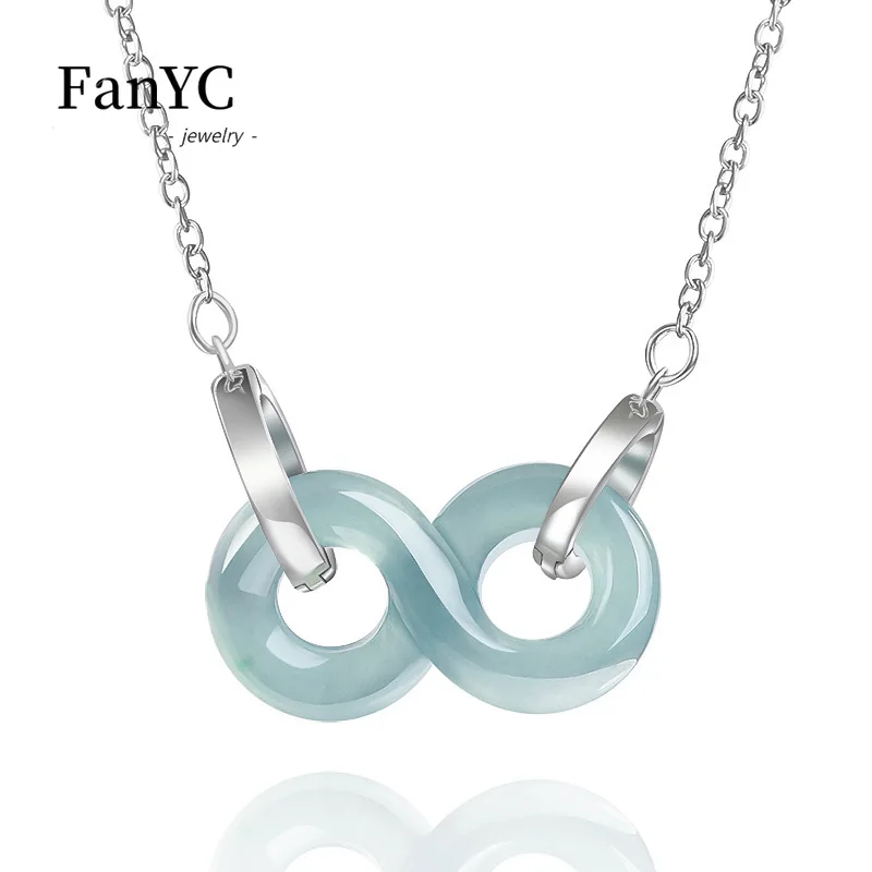 

Natural Jadeite Blue Water Double-Ring Eternal Pendant S925 Silver Fashionable Charm Ice-Type Jadeite Necklace Ladies' Gift