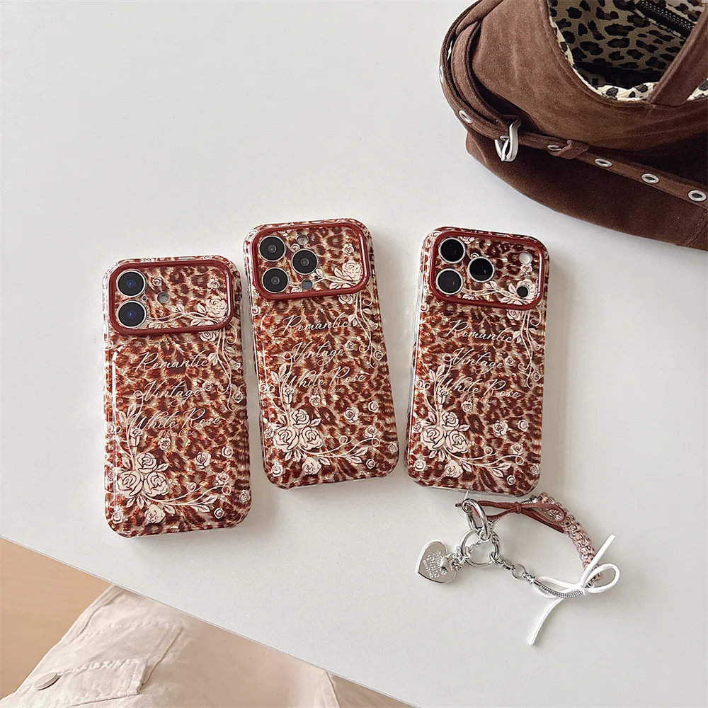Korean Glitter Cute Leopard rose Phone Case For iPhone 17 Pro 16 15 Pro Max Cover with Chain Shockproof Cases 15 16 17Pro Funda