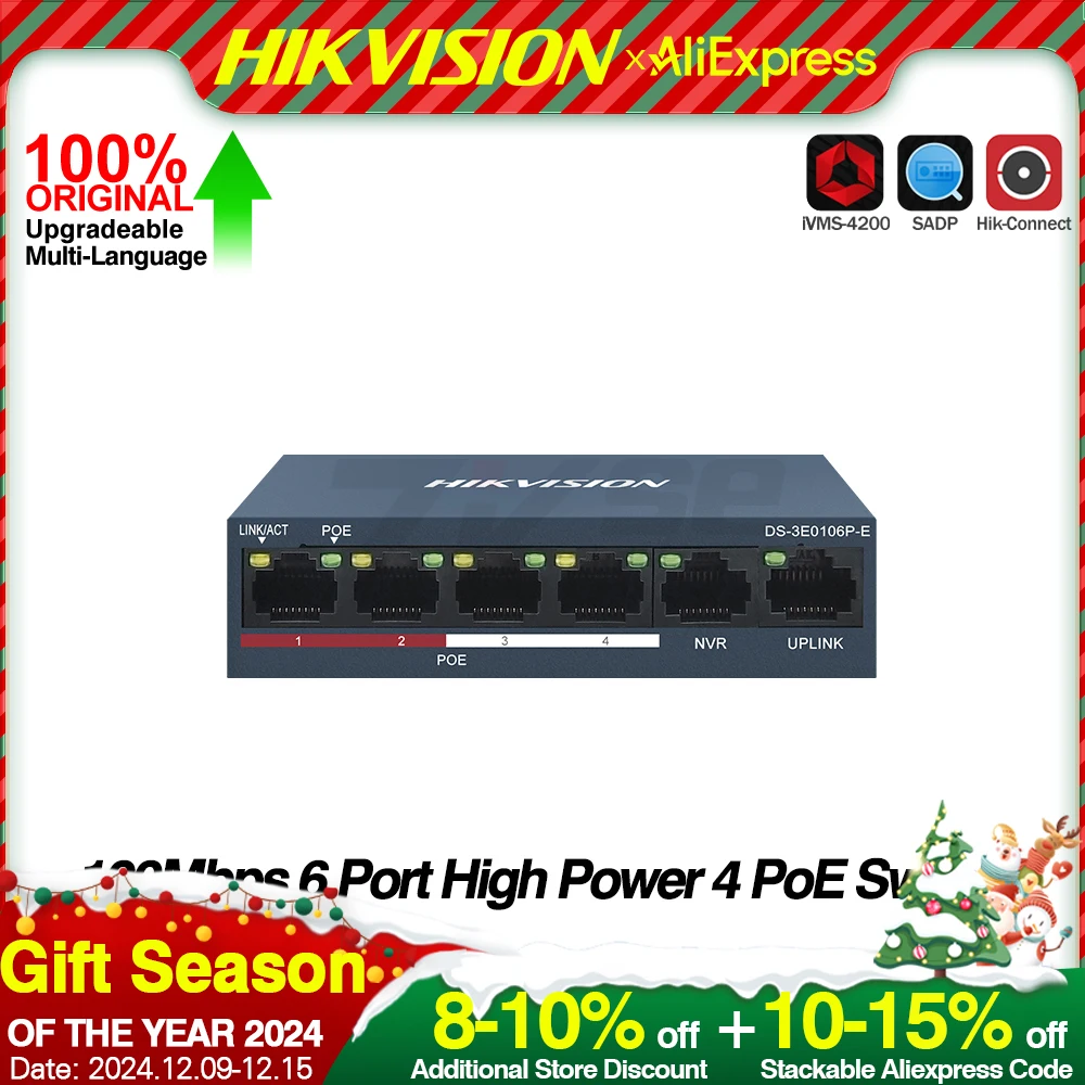 Hikvision POE Switch DS-3E0106P-E (4POE+2CH) 100Mbps Fast Ethernet Unmanaged RJ45 Port DC 48V for Security POE IP Camera NVR