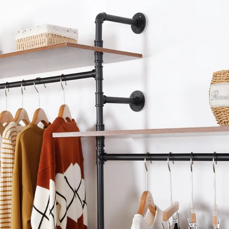 Industrial Pipe Clothing Rack Wall Mounted 5 Hanging Rods Garment Bar with Storage Shelf Heavy Duty Metal Clothes Closet System