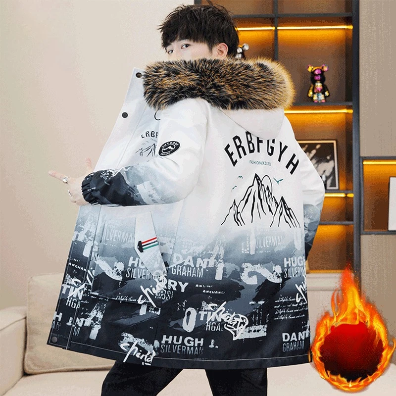 2023 New Men Cotton Coat Winter Jacket Mid-length Loose Parkas Plus Fleece Thicken Warm Outwear Hooded Trend Slim Overcoat