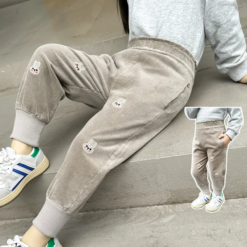 Childrens Girls Corduroy Pants Spring Autumn Cartoon Embroidery Baby Girl Elastic Pants 2-10 Years Kids Girls Casual Pants