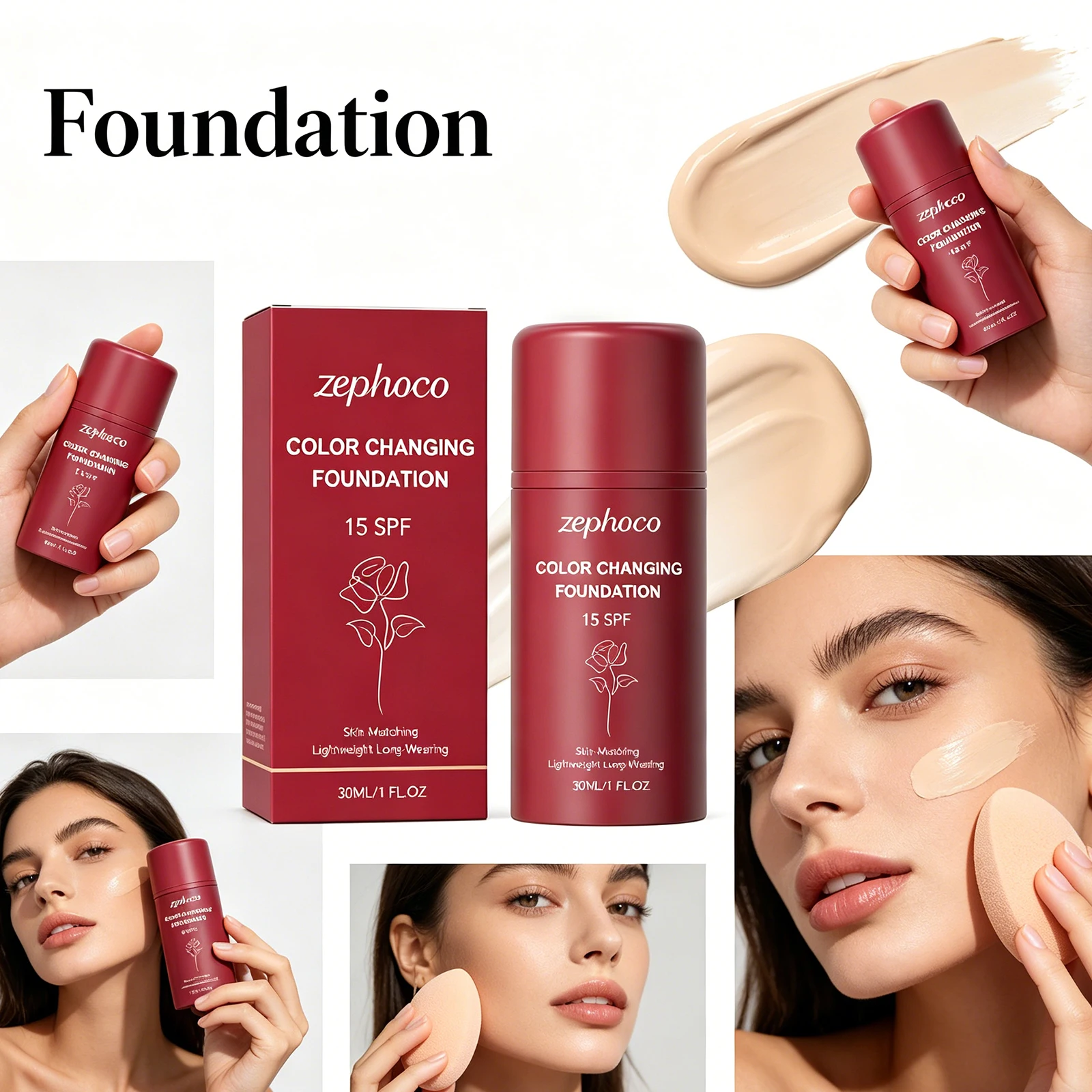 Zephoco Thermochromic Protective Foundation Moist Full Coverage Lightweight Breathable Long Lasting Natural Base Fresh Makeup