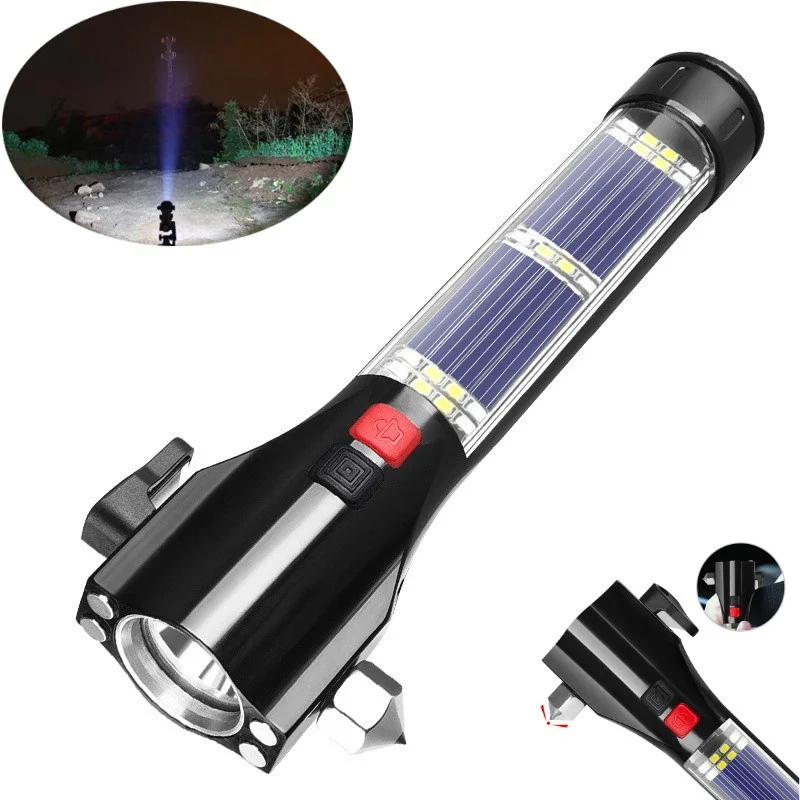 Car Solar LED Flashlight Emergency Light Safety Hammer Solar Recharging Outdoors Compass Survival Tool for Travel Camping