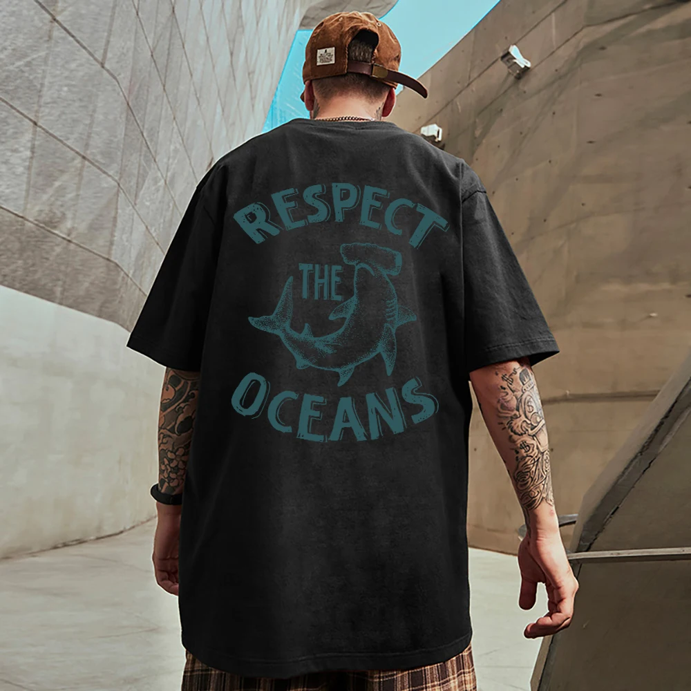 Respect The Oceans Print Mens Cotton Tee Clothing Creativity Vintage Casual Short Sleeve Oversize Breathable O-Neck Man T-Shirts