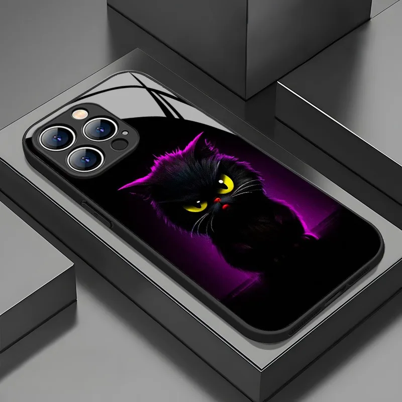 

Cute Cat Print Tempered Glass Material Phone Case For iPhone 17 Pro Max 16 15 14 13 12 11 Pro 16E 17Air 7 8 Plus XR XS X Cover