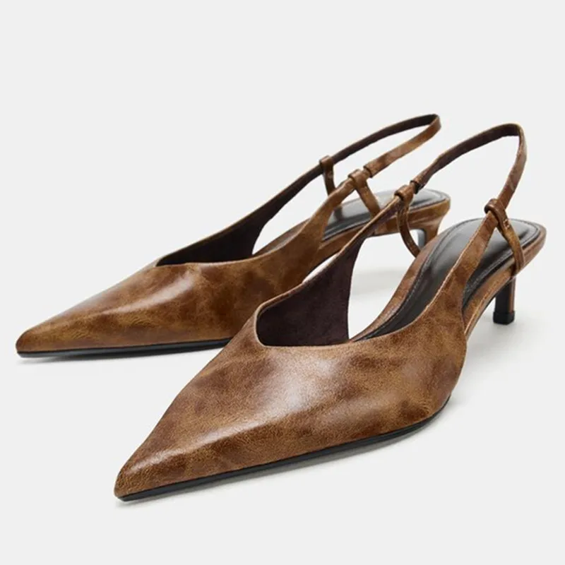 

Retro Brown Kitten Heel Designer Pumps Women Sexy Pointed Toe Back Strap Elegant High Heels Ladies Comfort Office Formal Shoes