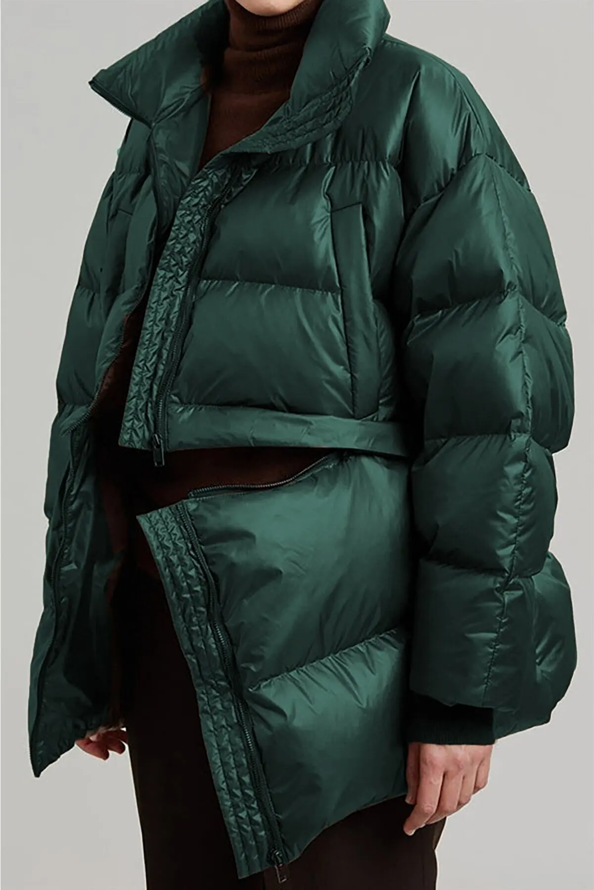2023 Model Daily Dark Green Zipper Detail Shortable Inflatable Coats Women Long Coat Winter Clothes Inflatable Jacket Keep Warm