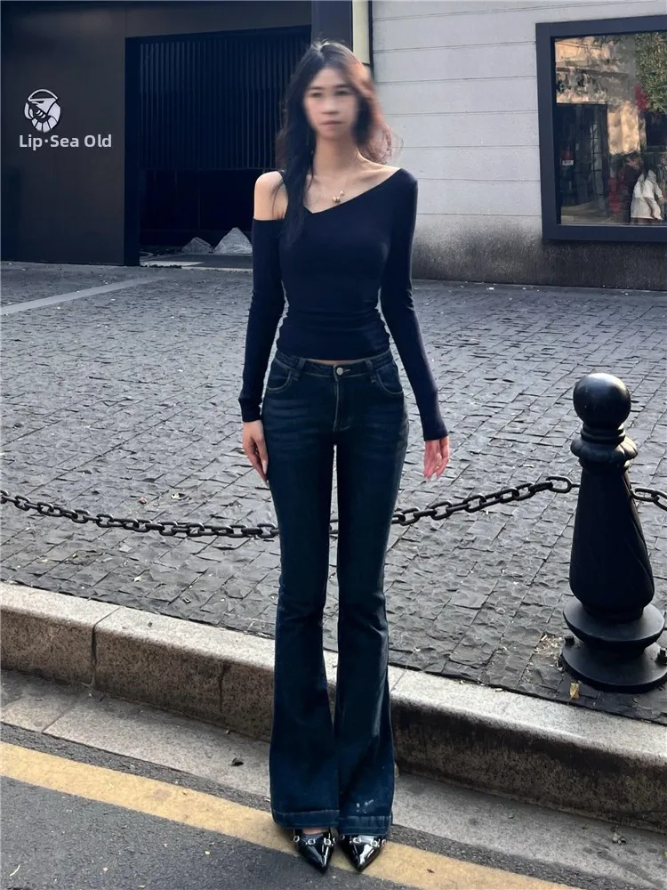 

Low Waist Flared Jeans Women's Slim Fit Elastic Long Blue Denim Spring Season High Rise Straight Leg Pants