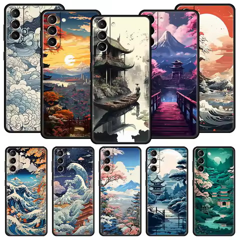 Japanese Landscape Phone Case For Samsung Galaxy S25 S24 S23 FE S22 Ultra S20 S21 5G S10 Plus S10E Soft Black Cover