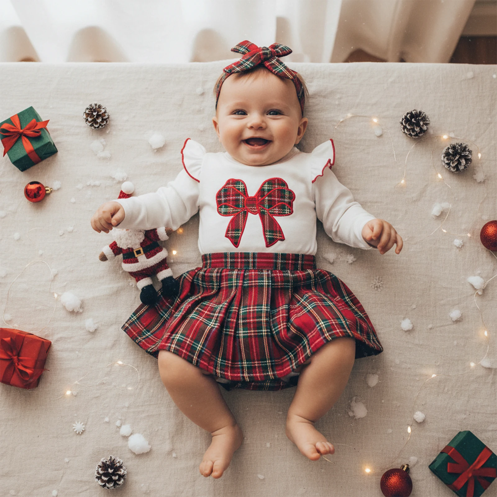 سويتي طفلة عيد الميلاد الزي القوس كشكش تقليم كم طويل رومبير منقوشة مطوي تنورة عقال 3 قطعة مجموعة