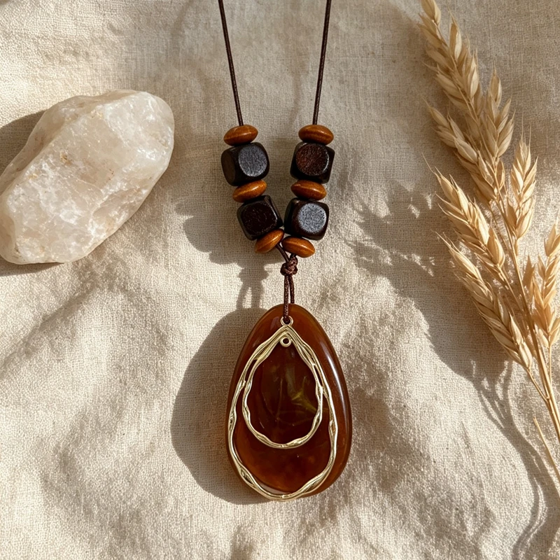 Vintage Statement Big Brown Resin Water Drop Shaped Long Necklace Pendants For Women Creative New Sweater Chain