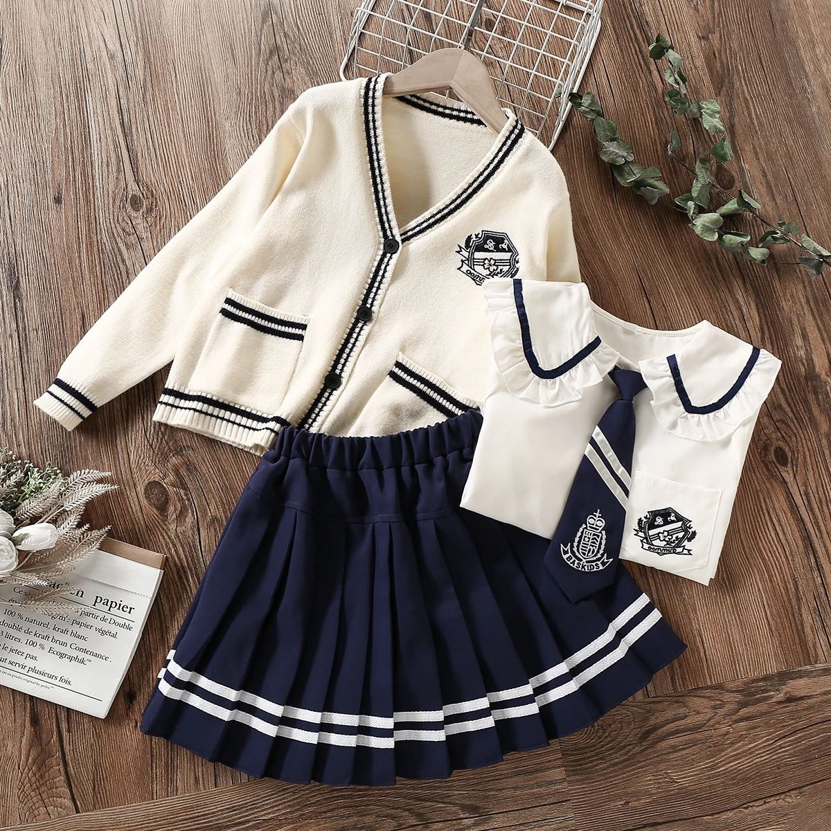 Kids Sets for Girls Preppy Suits School Uniform Clothes for Teenagers Cardigan & Shirt & Skirt 3pcs Children Costumes 6-14 Years