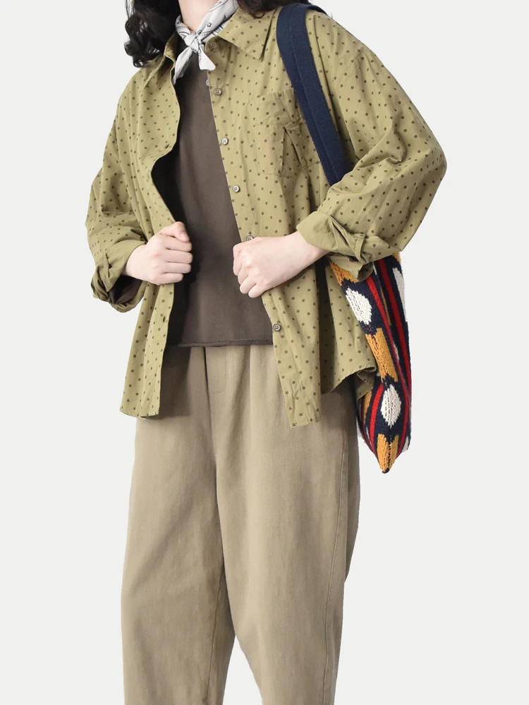 

Специальное предложение: Двухцветная свободная блузка с длинным рукавом и воротником, винтажный топ в горошек для женщин, хлопок, осень-зима