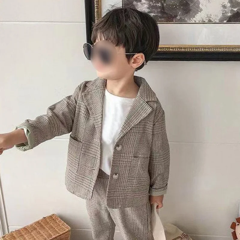 Boys Spring and Autumn Suit New Suit2024Spring and Autumn Children Toddler Casual Suit Two-Piece Suit Western StyleP21