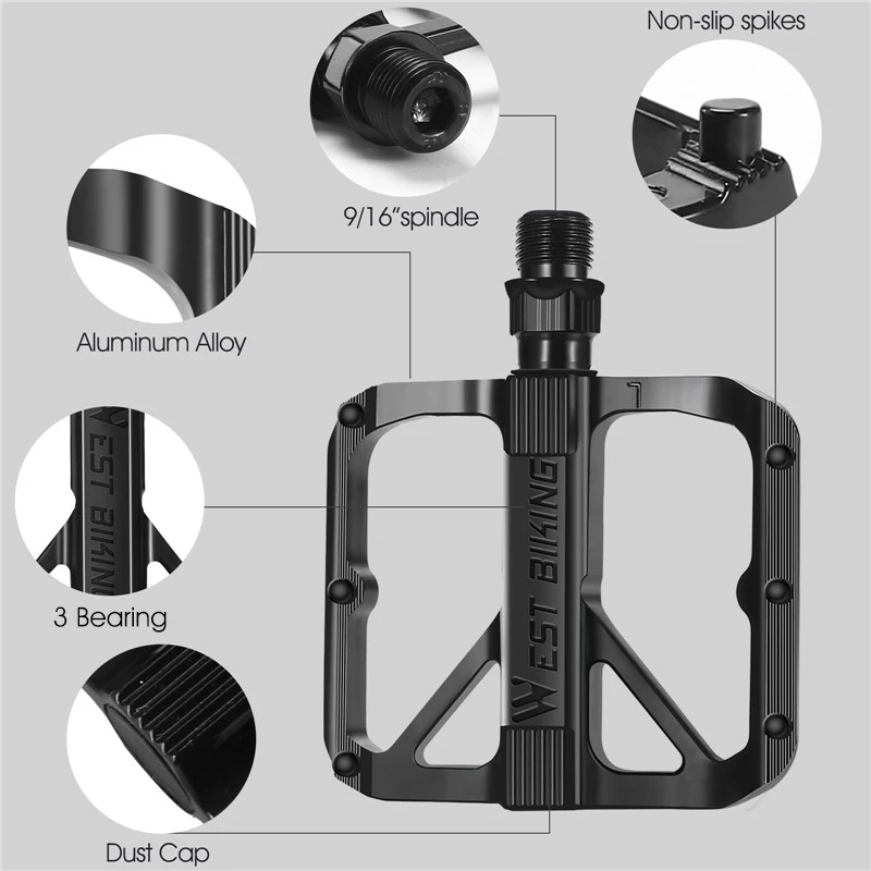 WEST BIKING Bicycle Pedals 3 Bearings Ultralight Anti-slip BMX Road MTB Bike Flat Pedal CNC Aluminum Alloy Bicycle Accessories