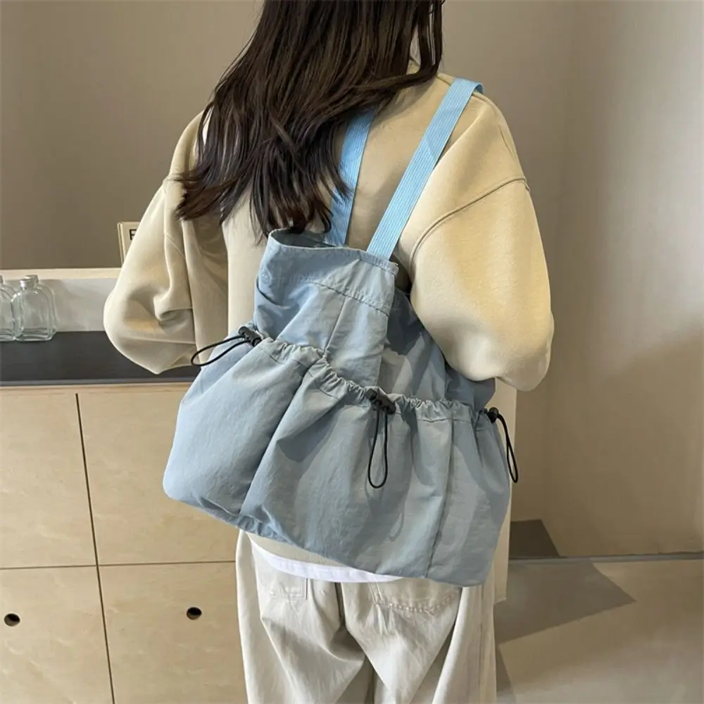 

Cool Wrinkled Drawstring Tote Bag Korean Style Large Capacity Canvas Handbag Shoulder Bag Solid color Nylon Underarm Bag Outdoor