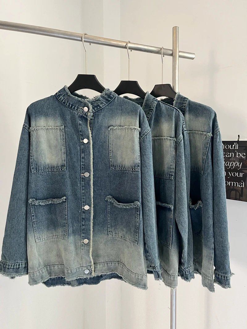 Jaket Denim Vintage wanita, jaket Denim gaya jalanan warna gradien, mantel desain