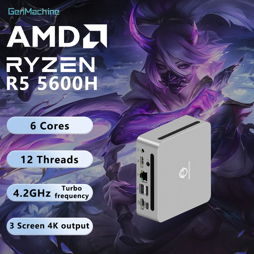 GenMachine Mini PC AMD Ryzen 5 5600H com Windows 11, 4.2GHz, 16GB de RAM DDR4 + 512GB de ROM, Computador Mini PC para Jogos WIFI6