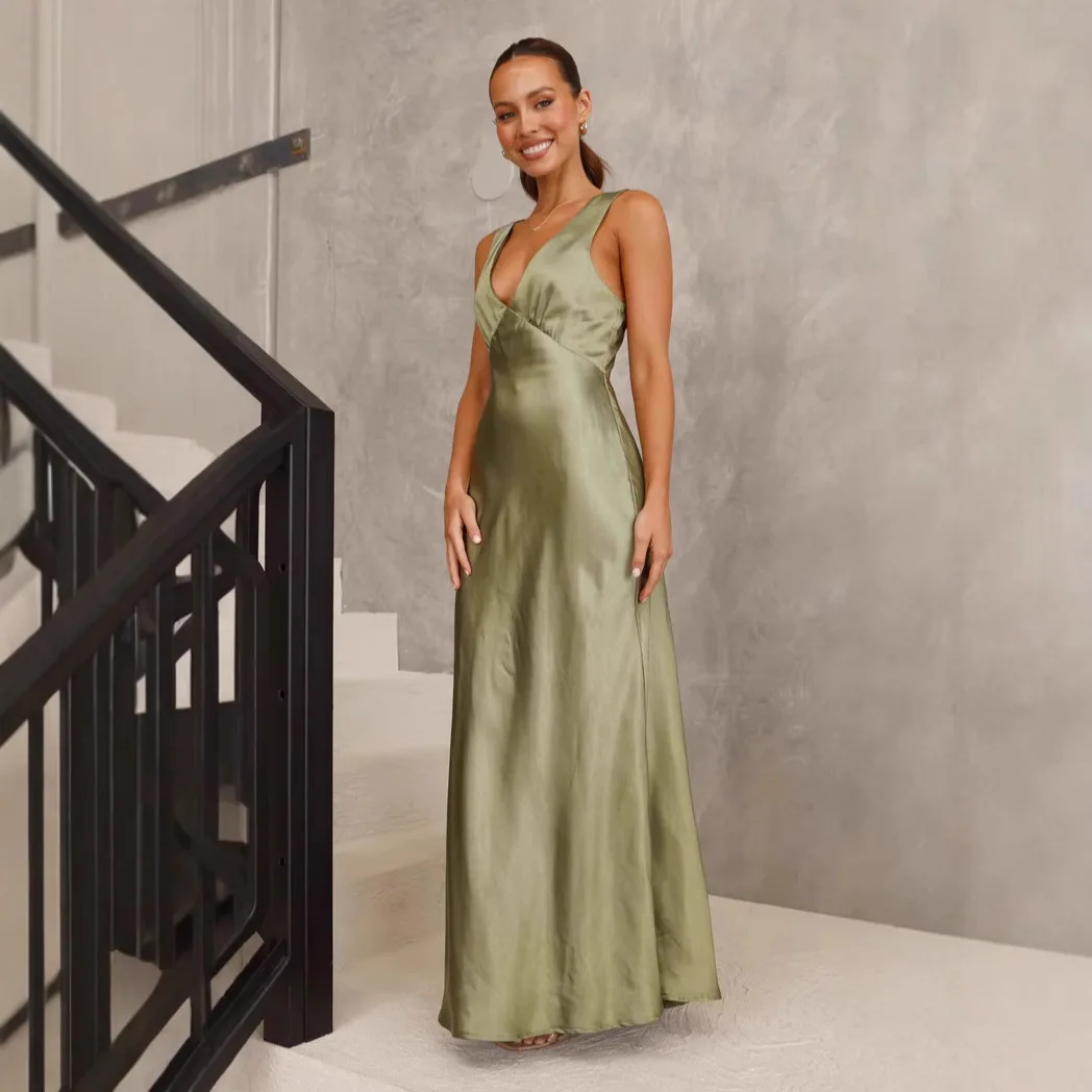 Sexy fino ajuste v-ne noite dr cor pura cross-border feminino dr cintura alta malha verão faionable oulder cinta